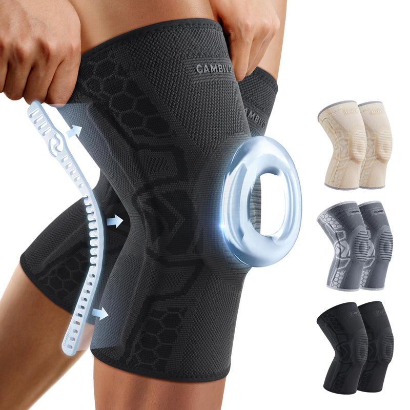CAMBIVO 2 Pack Knee Brace for Men and Women, Knee Sleeves for Men with Patella Gel Pad and Side Stabilizers, Knee Compression Sleeves for Knee Pain Relief, Running, Workout, Daily Use Black Large
