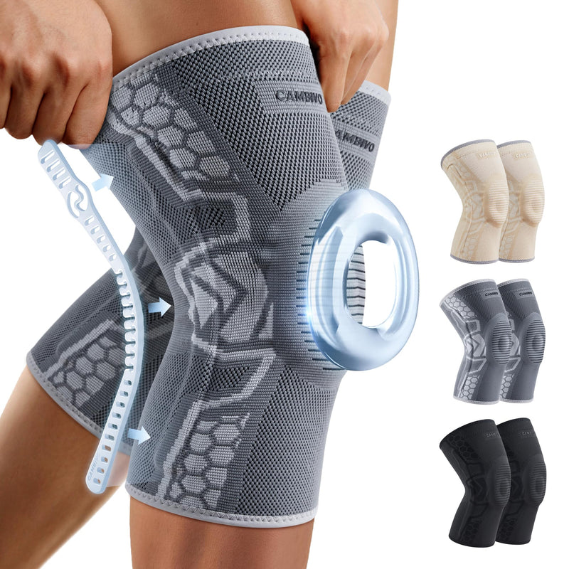 CAMBIVO 2 Pack Knee Brace for Men and Women, Knee Sleeves for Men with Patella Gel Pad and Side Stabilizers, Knee Compression Sleeves for Knee Pain Relief, Running, Workout, Daily Use Gray Large