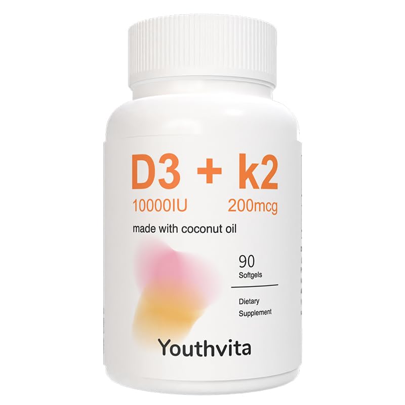 Vitamin D3 K2 Supplement Softgel with Coconut Oil, D3 10000 IU K2 200 mcg, Supports Calcium Absorption, Bone, Immune, & Heart Health 90 softgels 90 Count (Pack of 1)