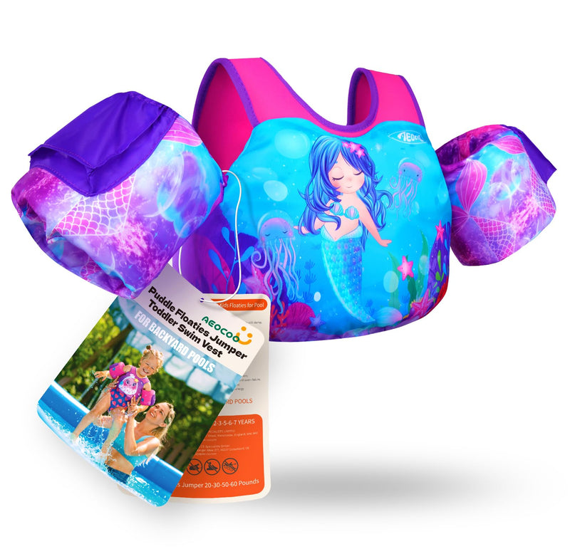 AEOCOO Puddle Float Jumper 20-30-50-60-70 Pounds, Toddler Swim Vest for 1-3-5-6-9 Years Old, Pool Floats with Swimming Arm Floaties Swim Jacket & Water Wings for Kids Swimmies, Boys, Girls, Niños Mermaid Fit 3-5-6-9 Years, 30-50-60-70 lbs