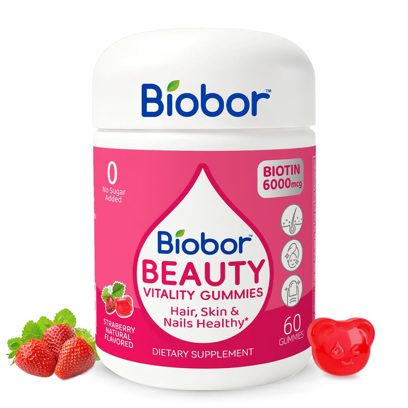 Biobor Hair Skin & Nails Gummies, 6000 mcg Biotin for Beauty Support, 60 Ct | Daily Beauty Gummies for Adult with Biotin and Vitamins A, C & E. Strawberry Flavor. No Sugar Added, Gluten free, Non-GMO. 60 Count (Pack of 1)
