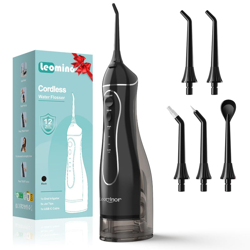 Leominor Water Flosser Pick for Teeth, 300ML Portable Oral Irrigator Upgraded Tank Removable,IPX7 Waterproof, Rechargeable Travel Teeth Cleaner, Professional Electric Flossing Machine (Black) Black