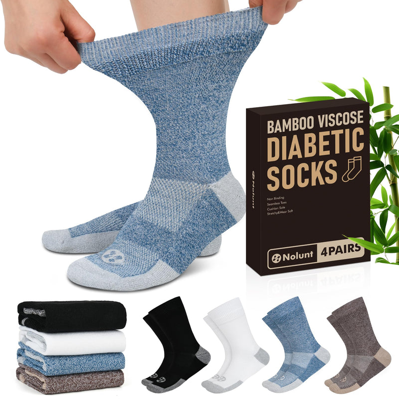 Diabetic Socks for Men,4 Pairs Crew Diabetic Neuropathy Socks for Men 9-12 Dark Blue/White/Coffee/Black Large