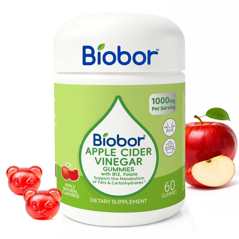 Biobor Apple Cider Vinegar Gummies 1000 mg with Vitamin B12, ACV Gummies for Women Support The Metabolism of Fats and Carbohydrates, Vegan, GMO Free, Gluten Free (60 Count) 60 Count (Pack of 1)
