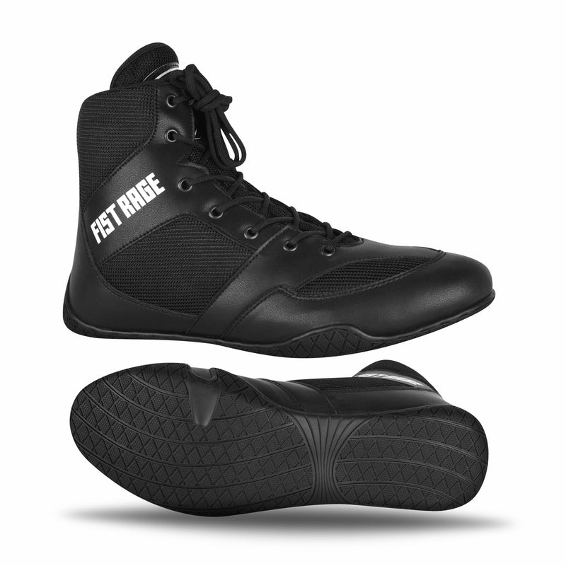 FISTRAGE Boxing Shoes Lightweight Microfiber Leather Kickboxing Training and Fighting Boots Pro Fighters with Mesh and Rubber Sole for Extra Grip - Ventilated Design - Men, Women, Kids Sizes Along With Sting Bag 8.5 Women/7 Men Black - BeesActive Australia