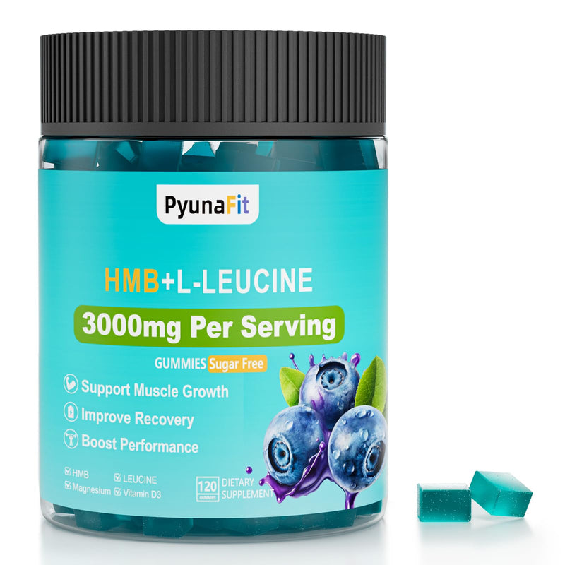 HMB Leucine Supplement Gummies, L-Leucine HMB with Vitamin D3 Magnesium Chewables for Men & Women, Amino Acid, Vegan, Sugar Free, 120 Count