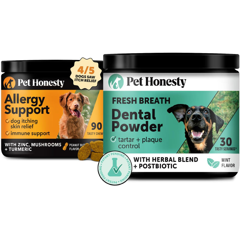 Allergy Itch Relief for Dogs + Dental Powder Virtual Bundle for Teeth Cleaning & Plaque Removal, Probiotics for Seasonal Allergies, Skin, and Coat Support
