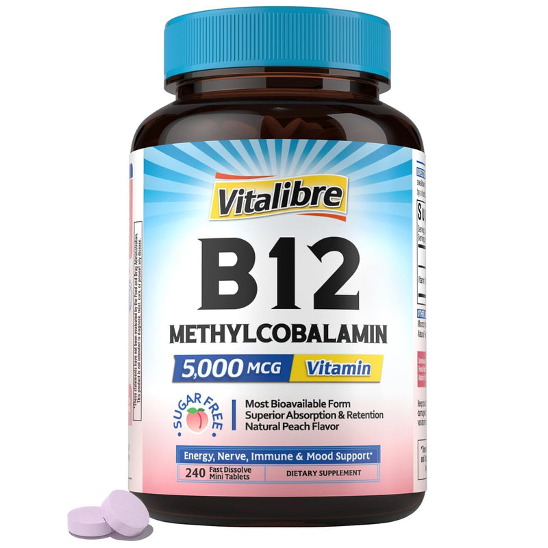 Vitalibre Vitamin B12 Sublingual 5000 mcg, Methylcobalamin, Bioactive Form, High Absorption, Vegan, Natural Peach Flavor, 240 Fast Dissolve Mini Tablets, No Sugar 240 Count (Pack of 1)
