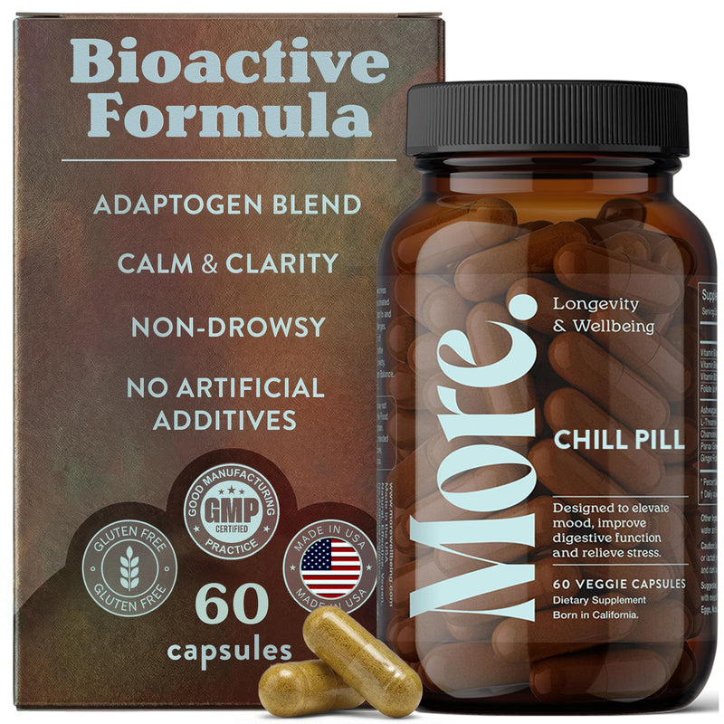 More. Longevity & Wellbeing Chill Pill Mood Support Supplement, Ashwagandha Supplements with Adaptogens, Antioxidants, Amino Acids & Plant Extracts for Stress Support & Digestion, Made in USA, 60 Caps