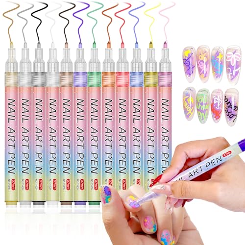 12 Color Nail Art Pens, 3D 0.7 MM Nail Polish Pens Set Drawing Painting Point Liner Acrylic Painted Pen Kit, Waterproof and Quick-drying Nail for DIY Nails Art Design Manicure Tools MulticolorG