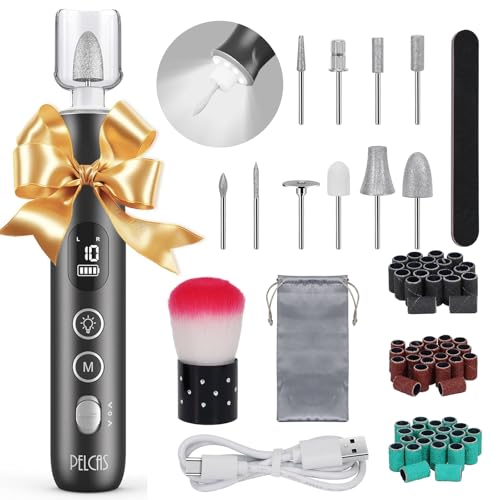 PELCAS Electric Nail Grinder, 10 Speeds Cordless Nail Drill with LED Light Grey