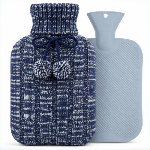 2L PVC Hot Water Bottle with Knitted Cover for Pain Relief, Hot & Cold Use Blue