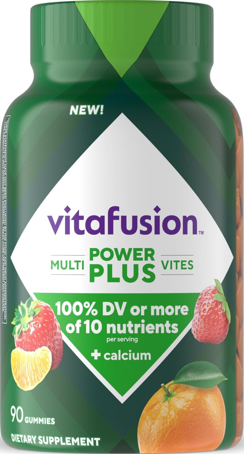 Vitafusion Power Plus Multivitamin for Men and Women | 90 Gummies | with Vitamins A B C D E | plus Calcium | Strawberry Tangerine Flavor | Gluten and Dairy Free Adult Multivites Supplement 90 Count (Pack of 1) Power+ Multivitamins
