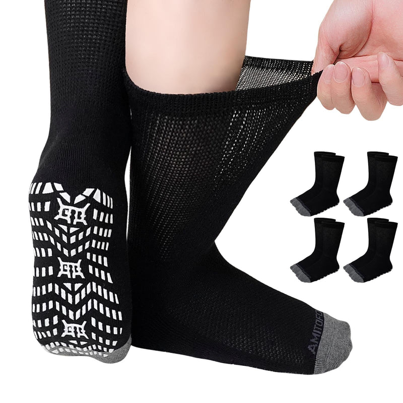 CaiDieNu Non Slip Diabetic Socks: 4 Pairs Non Binding Hospital Socks for Men Women with Grips Elderly Edema 9-15 13-15 Black