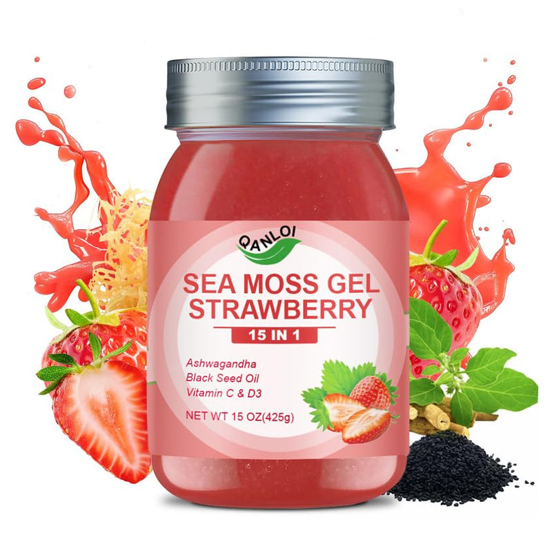 15OZ Strawberry Flavored Sea Moss Gel, 15-in-1 Seamoss Gel, Sugar Free | Rich in Ashwagandha, Vitamins and Minerals, Vegan 15 Ounce (Pack of 1)