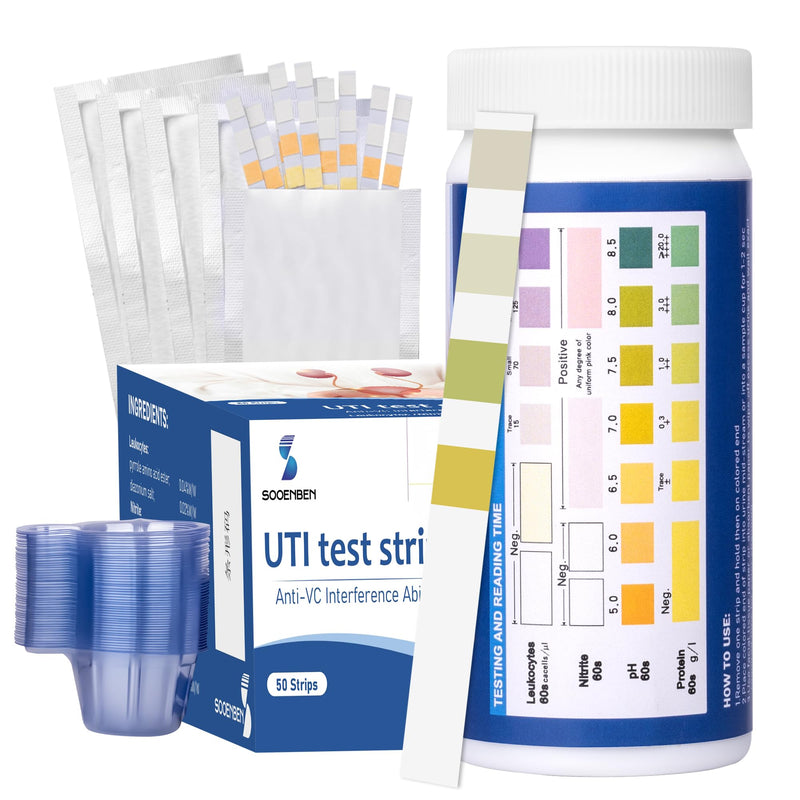 4-in-1 UTI Test Strips, 50ct Full Panel Urinary Tract Infection Test Kit at Home for Women Men Kids, Urinalysis Leukocytes, Nitrites, PH, Protein Urine Strip for UTI and Bladder, 50 Strips 50 Cups 1 Count (Pack of 50) Blue-4in1