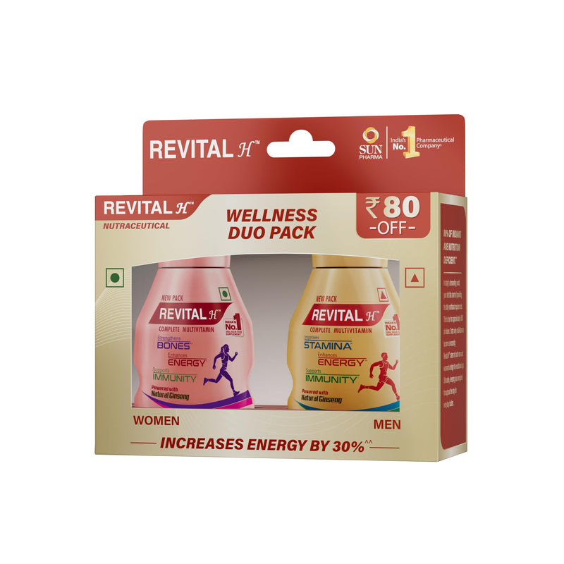 Revital H Wellness Duo Pack | Multivitamins, Calcium, Zinc & Natural Ginseng Capsule for Daily Immunity Strong Bones, and Enhances Energy Level (Men 30s & Women 30s), 156 Grams,1.4 Grams