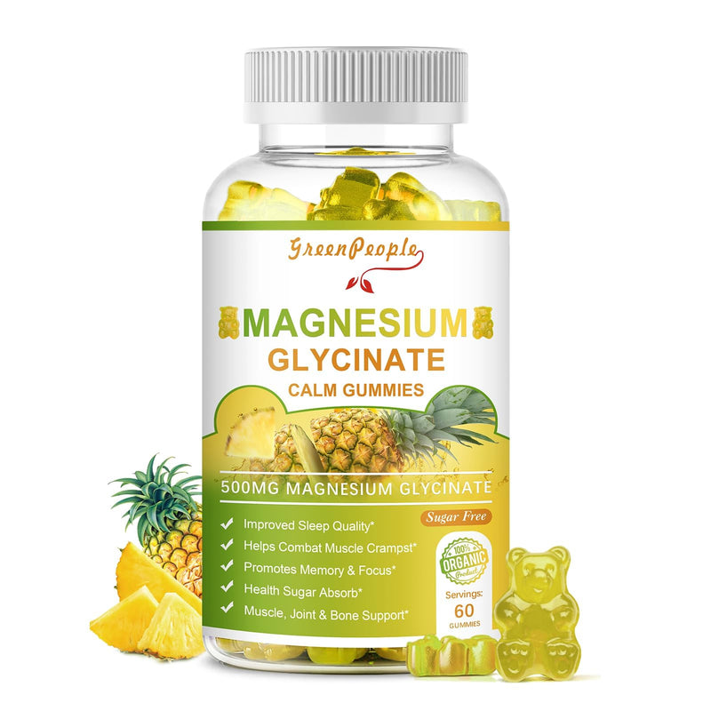 GREENPEOPLE Magnesium Glycinate Gummies with Citrate 1000mg, Taurate & Matale - Sugar Free - Magnesium Potassium Supplement with Vitamin D, K2 for Calm Mood & Zzz Support - 60 Pineapple Gummies-2 Pack