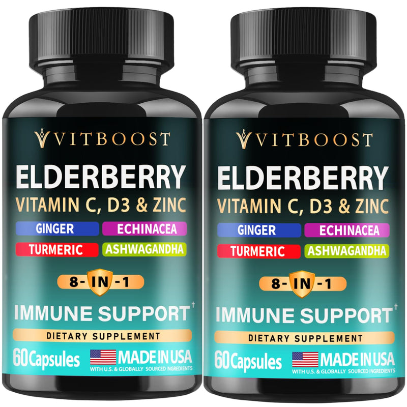 Immune Support Supplement 8 in 1 with Vitamin D 5000 IU - 2 Pk 60 CT Each | 8-in-1 Formula with Echinacea, Vitamin C & Zinc, Vitamin D 5000 IU, Turmeric, Ginger, Ashwagandha 60 Count (Pack of 2)