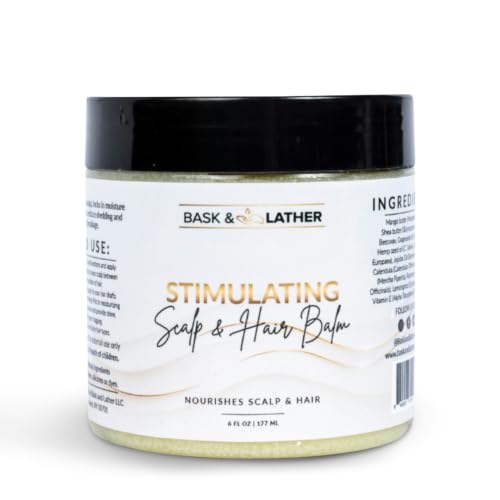Bask & Lather Stimulating Scalp and Hair Balm for Hair Growth, Mango & Shea Butter, Nourishing Jojoba Oil, Peppermint & Rosemary Oil, Vitamin E, Scalp Care, Hair Care, Moisture, Shine & Strength, 6 oz