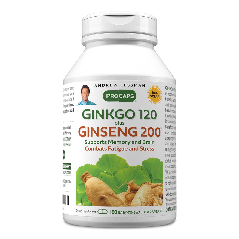 ANDREW LESSMAN ProCaps Ginkgo Ginseng 120 mg 180 Capsules | Standardized Ginkgo biloba and Panax ginseng with B-complex and vitamin C to support brain, memory and cognitive function. 180 Count (Pack of 1)