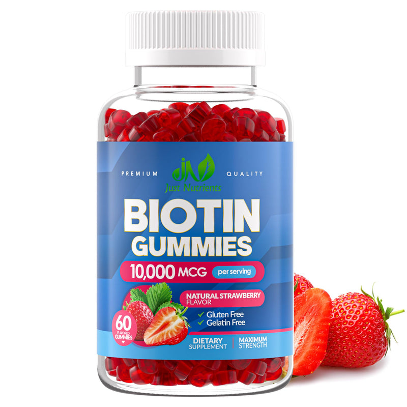 Biotin 10,000mcg Gummies for Hair Growth, Skin & Nails - 2x Maximum Strength Biotin Vitamins for Women & Men - Gluten-Free, Vegan, Non-GMO, Great Tasting Strawberry Flavor - 60 Gummies (1 Month) 60 Count (Pack of 1)