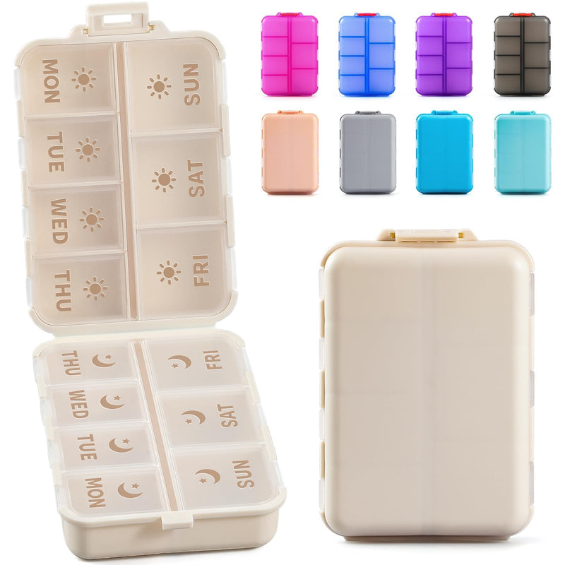 NEW Foldable & Double Protection Portable Weekly Pill Organizer 2 Times A Day with Etched Labels, AM PM 7 Day Week Medicine Box, Daily Travel Pill Case Holder Dispenser for Vitamin, Supplement - Khaki AM & PM