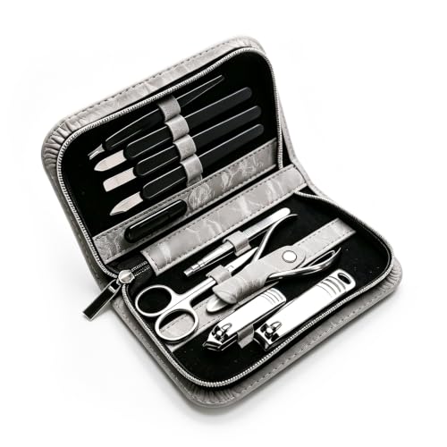 10 in 1 Manicure Pedicure Kit Carbon Steel Nail Clippers & Stainless Steel Grooming Tools, Portable Marble PU Leather Zipper Nail Care Set, Gift for Men Women,Gray Gray