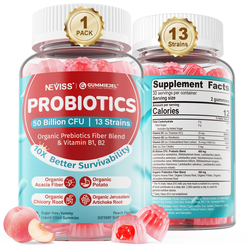 NEVISS Probiotic + Prebiotic Gummies for Adults & Kids 4+, Sugar Free Chewable 50 Billion CFUs w/Fiber, Vitamin B1 B2 D3 & Zinc, for Digestive & Gut Health, Boost Microflora Diversity, 60 Cts 60 Count (Pack of 1)