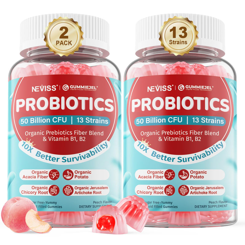 NEVISS Prebiotic Gummies for Adults & Kids 4+, Chewable Probiotic 120Cts | 50 Billion CFUs w/Fiber, Vitamin B1 B2 D3 & Zinc, for Digestive & Gut Health, Boost Microflora Diversity, Sugar Free,Vegan 60 Count (Pack of 2)