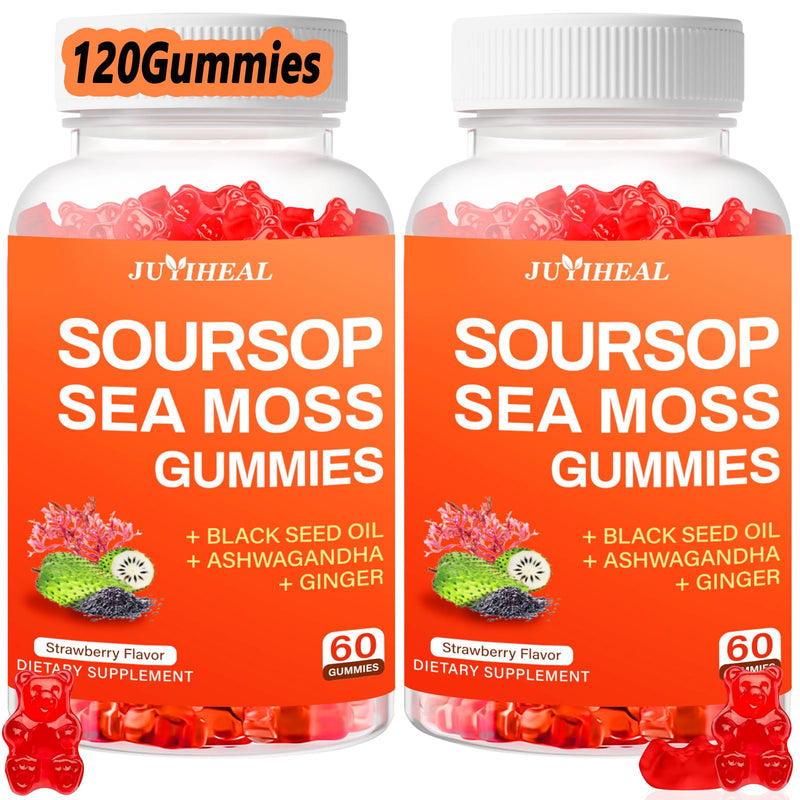 (2 Pack) Soursop Graviola with Sea Moss Gummies, 10-in-1 Soursop Gummies with Vitamin C, Zinc for Immunity and Antioxidant, Gluten Free, Vegan 120 Gummies Strawberry Gummies 2pack