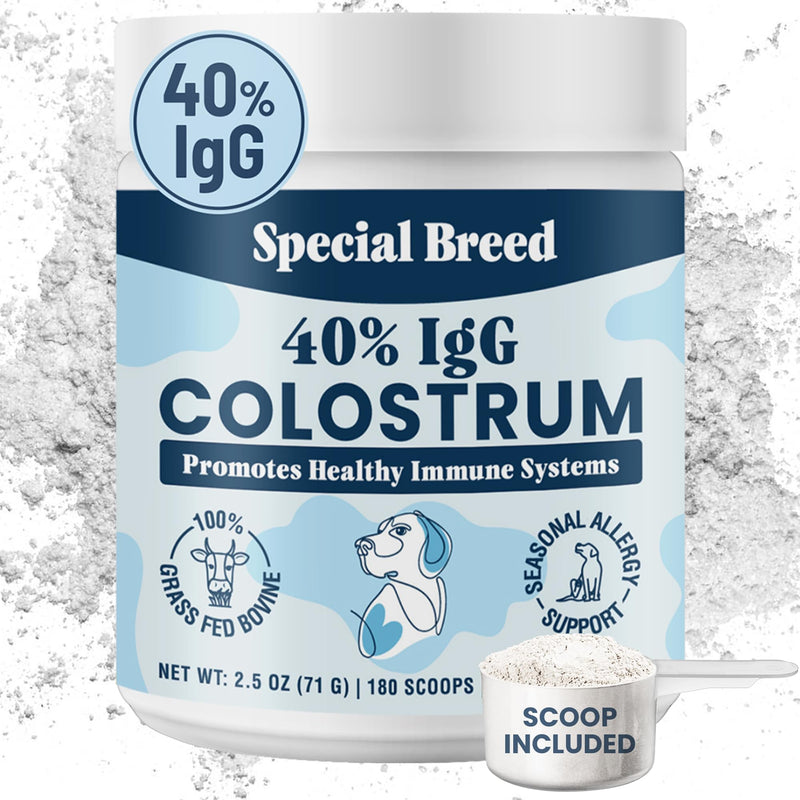 40% IgG Grass Fed Colostrum for Dogs, Third Party Tested High Potency Colostrum Powder, Immune Support, Prebiotic Gut Health, Seasonal Allergy and Itch Relief, Made in USA, 2.5 Oz Bovine 40% IgG 180 Scoops