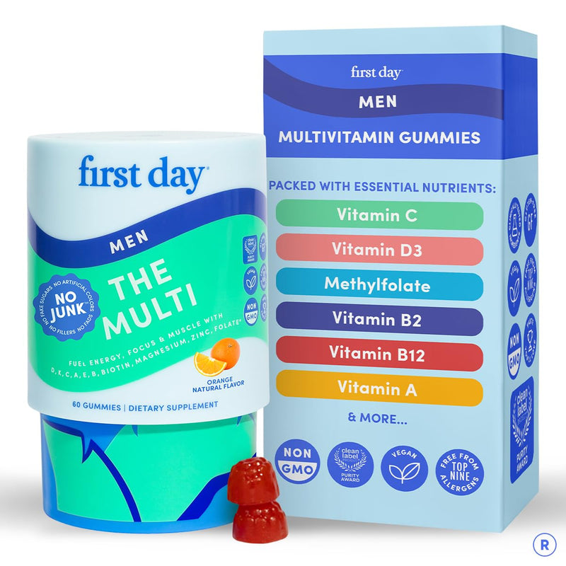 FIRST DAY Men's Multivitamin Gummy with 13 Key Nutrients, 60 Gummies | Vegan gummy vitamins for men with methylfolate, zinc and organic fruit and veggie blend; take 2 daily for a 30-day supply. 1 Count (Pack of 1)