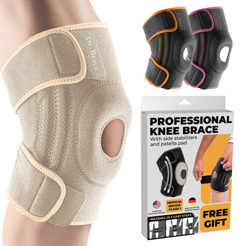 DR. BRACE ELITE Knee Brace with Side Stabilizers & Patella Gel Pads for Maximum Knee Pain Support and fast recovery for men and women- Please Check How To Size Video Large Sandstone