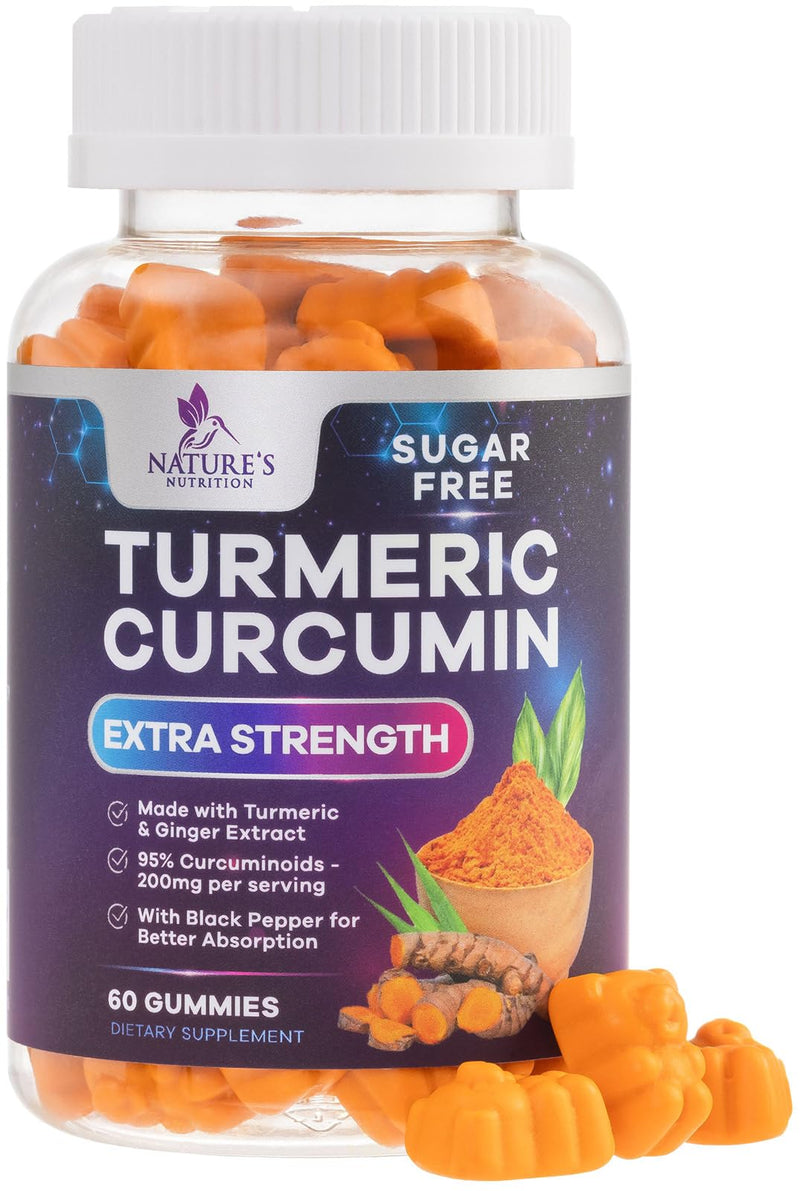 Turmeric Curcumin Gummies Sugar Free Supplement - 95% Curcuminoids with Turmeric & Ginger, Black Pepper for Best Absorption, Nature's Vegan Joint Support, Non-GMO, Tasty Peach Flavor - 60 Gummies