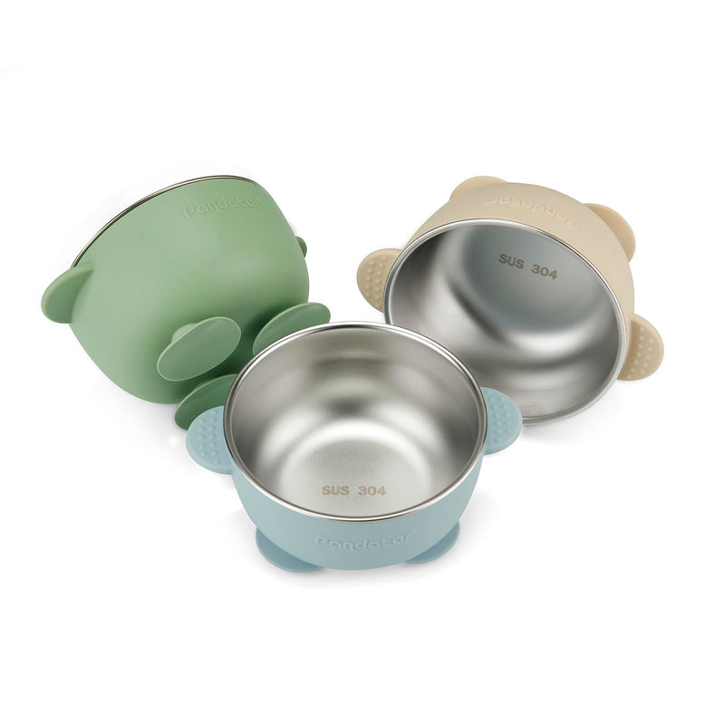 PandaEar 3 Pack Stainless Steel Baby Suction Bowls, Non-Slip Child Food Bowl with Silicone Sleeve for Kids Toddlers Infants, Unbreakable & Mess Free (Blue Green Brown) Blue Green Brown
