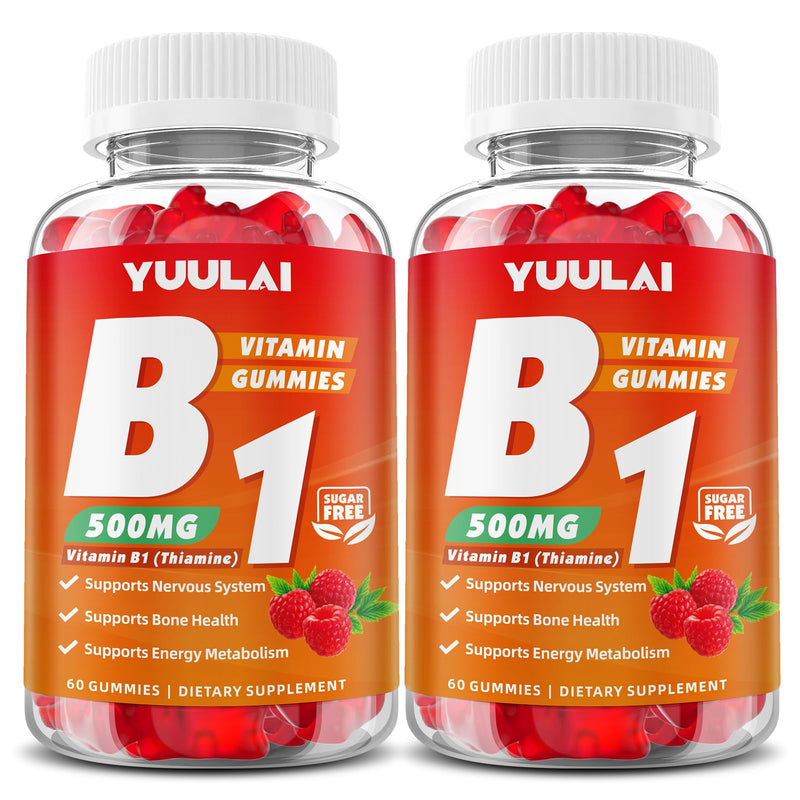 Pack of 2 Vitamin B1 Gummies 500mg for Adults & Kids, Thiamine B1 Supplement with Magnesium, Vitamin B1 Supplement for Nervous System Supports & Boost Energy, Raspberry Flavor, 120 Count 120 Count (Pack of 1)