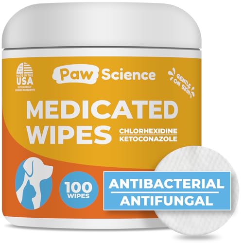 Paw Science Antibacterial & Antifungal Medicated Wipes for Dogs and Cats – 100 Count - Chlorhexidine Wipes with Ketoconazole for the Treatment of Rashes, Skin Infections, Itchy Paws, and Pet Acne