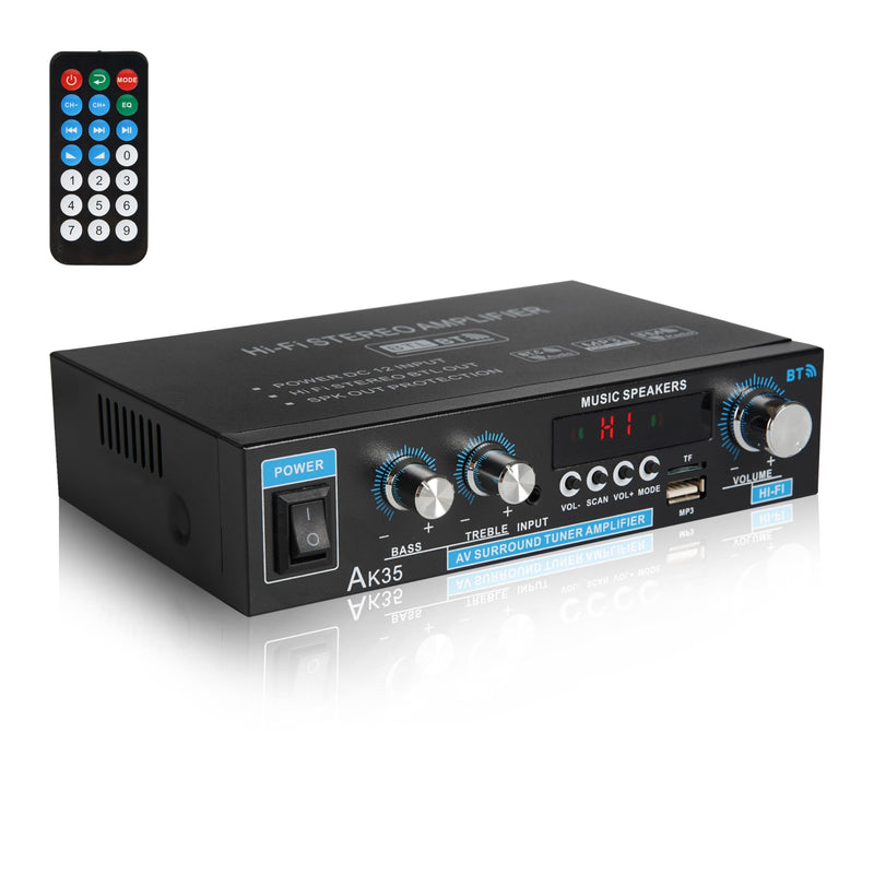 Stereo Amplifier AK35 Bluetooth 5.0 Max 200W 2.0 Channel Mini Amplifier Stereo Receivers for Car, Home Party, Audio Amplifier AMP w/USB/TF Card/AUX Input/Bass & Treble Control