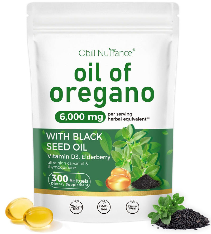 Oil of Oregano, 300 Softgels, 4-in-1 Oil of Oregano with Black Seed Oil, Vitamin D3 & Elderberry, Oregano Oil Capsules Organic, 4X Strength Carvacrol & Thymoquinone, Non-GMO & Immune Support 300 Count (Pack of 1) - BeesActive Australia