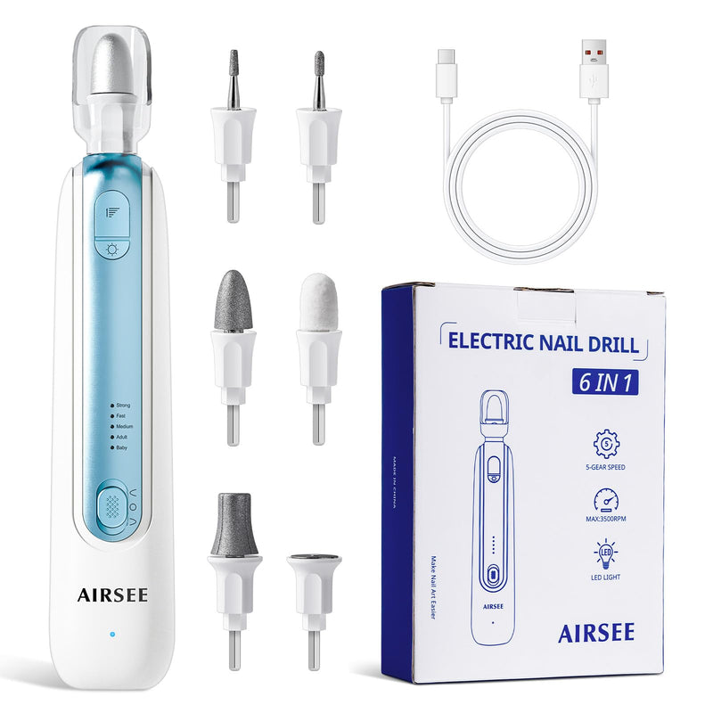 AIRSEE Professional Manicure Pedicure Kit,Cordless 6 in 1 Electric Nail File for feet,5 Speed Rechargeable Pedicure Tools for Thick Nail Toenail Cuticle, Hand Feet Trimmer Buffer for Women Men,Blue Blue