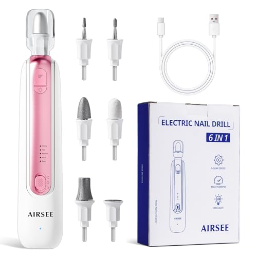 AIRSEE Professional Manicure Pedicure Kit,Cordless 6 in 1 Electric Nail File for feet,5 Speed Rechargeable Pedicure Tools for Thick Nail Toenail Cuticle, Hand Feet Trimmer Buffer for Women Men,Pink Pink