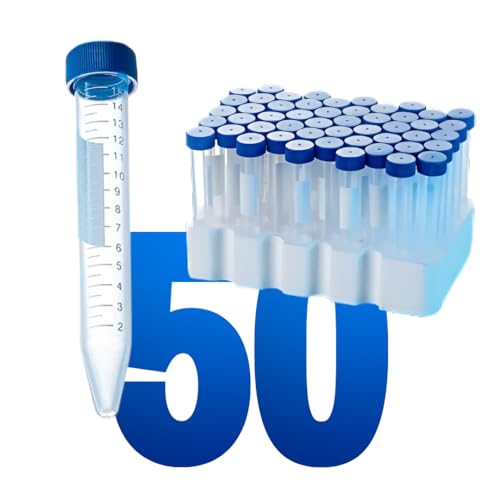 Polypropylene Conical Centrifuge Tubes - Plastic Test Tubes with Caps, Printed Graduation, Sterile, Blue Flat Screw Caps, for Medical and Laboratory Use (50, Conical 15ml with Tray) 50