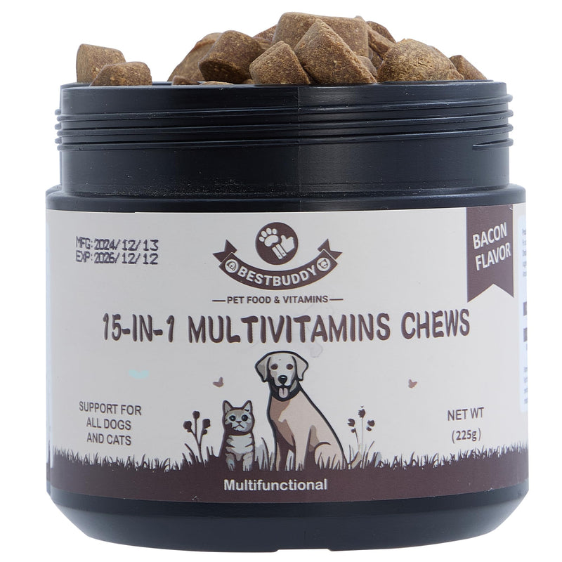 Best Buddy Multivitamin 15-in-1 Treats for Dogs I Cats, Complete Health Supplement Joint Support + Digestive Enzymes, Grain Free Dog Vitamins and Supplements for Skin & Coat (Bacon/Pork, 225g) Bacon
