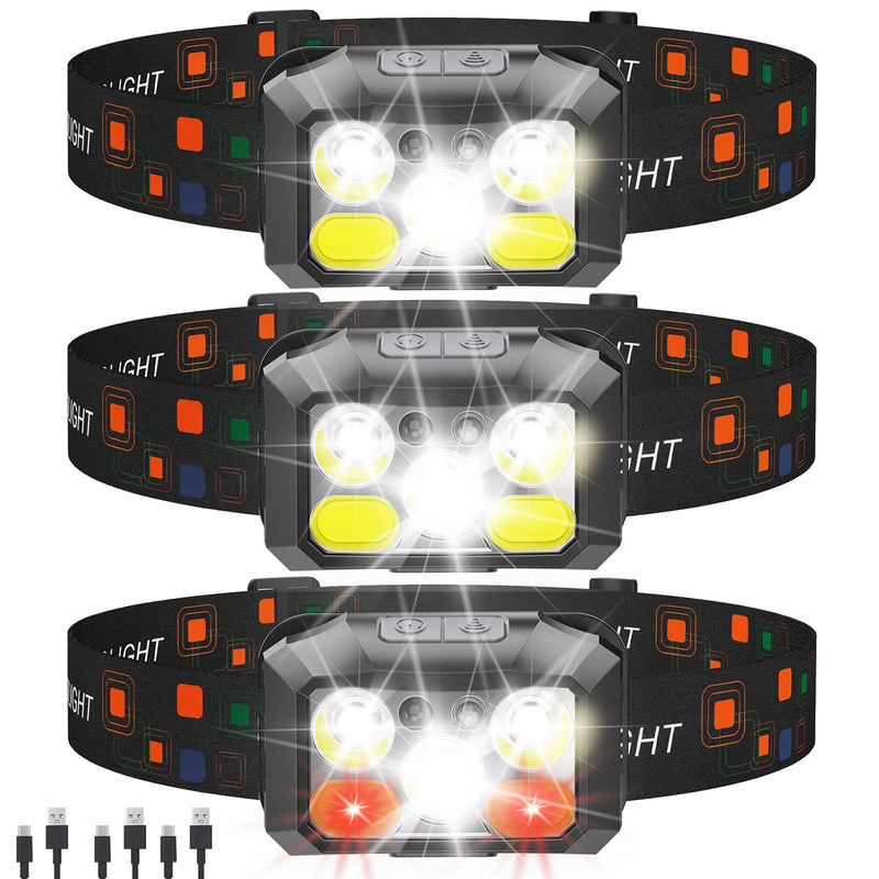 Rechargeable LED Headlamp 3-Pack, 800 Lumens, USB-C, IPX4 Waterproof, 8 Modes, Red & White Light — Lightweight, Adjustable; for Camping, Hiking, Running, Fishing & Repairs Black