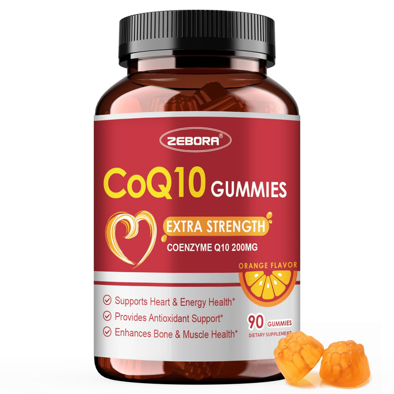 ZEBORA CoQ10 200mg Gummies, Orange Flavor, 90 Gummies | High Absorption Coenzyme Q10, With Omega-3, Heart & Energy Support, Powerful Antioxidant 90 Count (Pack of 1)