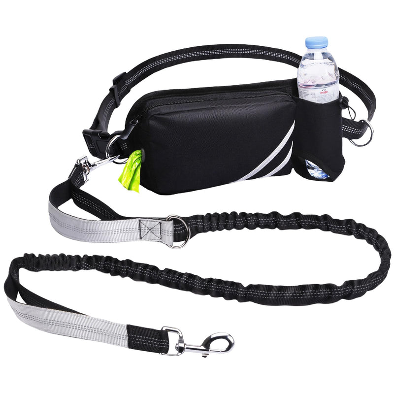 Hands Free Dog Leash with Pouch, Waist Leash for Dog Walking with Water Bottle Holder, Reflective Stitching, Dual Handle, Bungee Retractable Running Medium to Large Black 25-120 lbs Black- With Water Bottle Holder For 1 Dog
