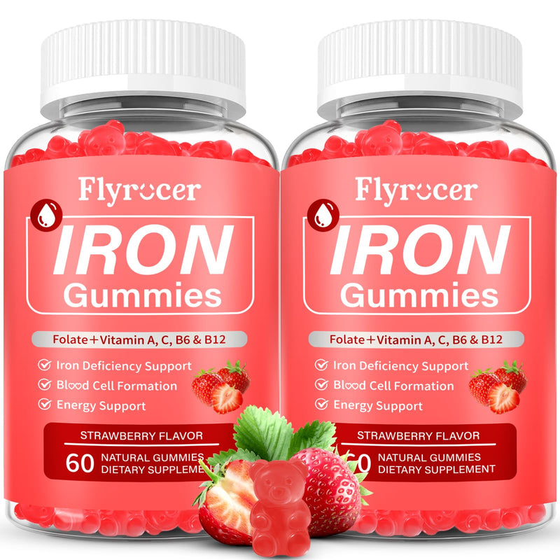 2 Pack Iron Gummies for Men and Women, Energize, Combat Fatigue, Support Anemia Recovery. Packed with Iron, Folate, Vitamin C, in Vegan Strawberry Flavor, 120 Gummies 60 Count (Pack of 2)