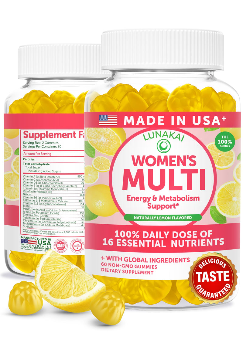 Lunakai USA Made Womens Multivitamin Gummies – Delicious Daily 16 Multi Vitamins for Women – Wellness, Energy & Essential Health Support, 60ct 60 Count (Pack of 1) Lemon Multivitamin Gummies