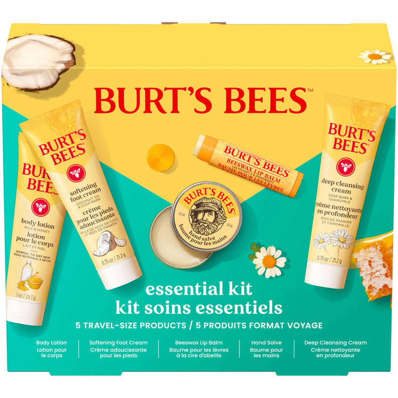 Burt's Bees Gift Ideas - Essentials Everyday Set, 5 Travel Size Products - Deep Cleansing Cream, Hand Salve, Body Lotion, Foot Cream and Original Lip Balm Everyday Essentials Set- New